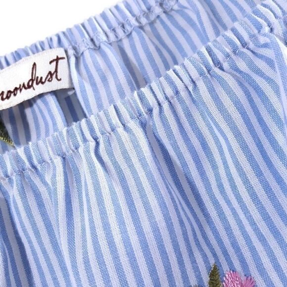 𝅺Gypsies & Moondust Blue & White Stripe Floral Embroidered Bell Sleeve  Top - Picture 4 of 8